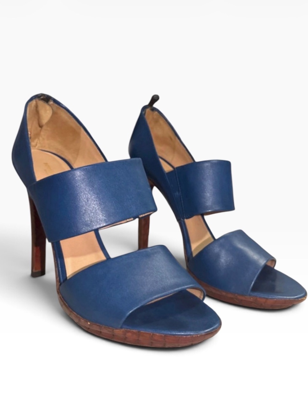 Bottega Veneta Vintage Blue Leather Double Strap Sandal Heels - Size 38